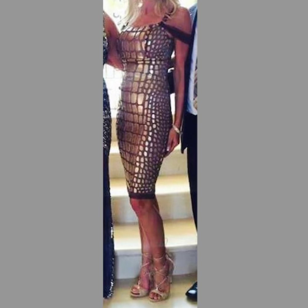 Brown Crocodile Print Glossy Finished Midi Dress